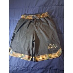 NBA‎ Lakers Shorts Mens Medium Black Gray Camo Logo Lightweight Basketball Kobe